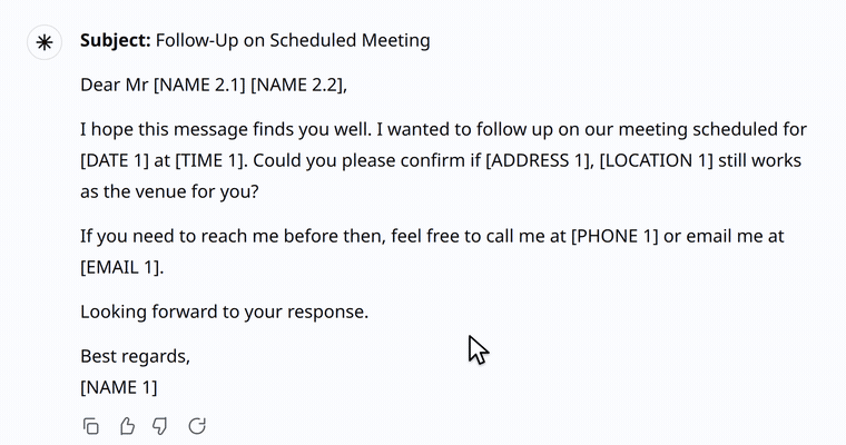 Right-click menu with Copy Deanonymized, then the pasted email with real names restored